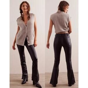 Free People Vegan Leather Level Up Slit Slim Flare Jeans Pants Black Size 30